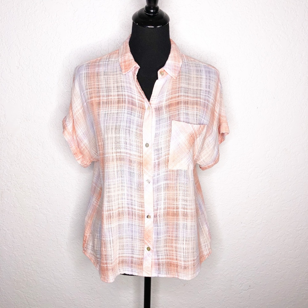 Cloth & Stone Womens Medium Peach Plaid Button Down Short Sleeve Shirt